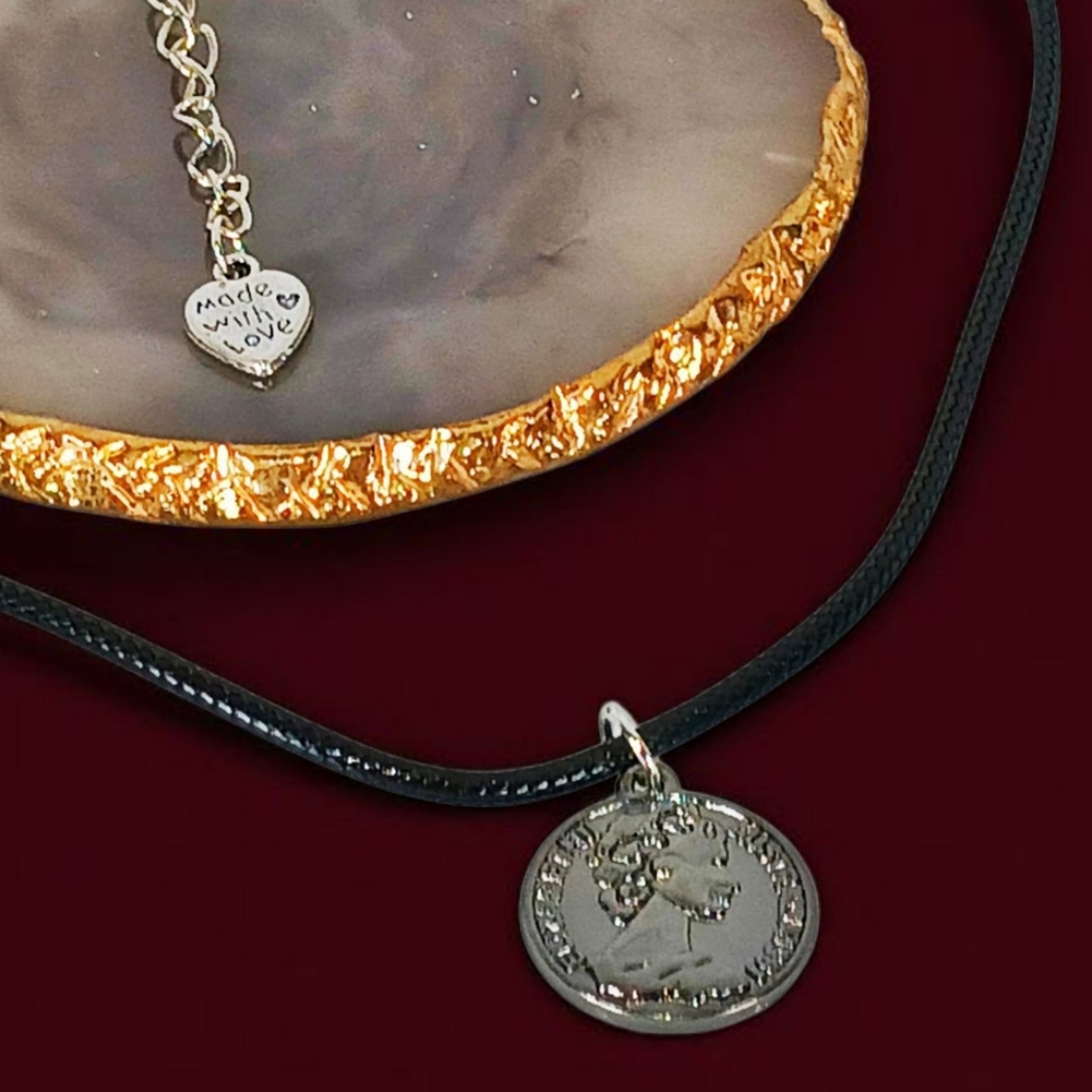 Black Faux Leather Cord Medallion Necklace Grey Coin Charm New Age Grunge 1990s